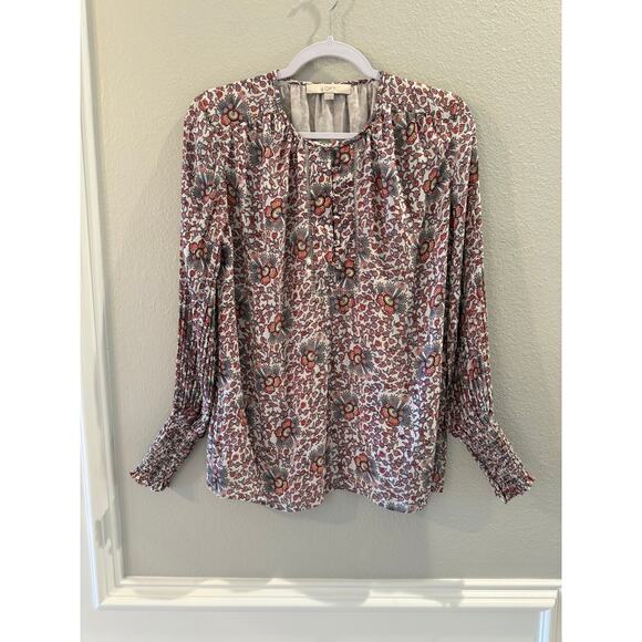 Loft Women's Pink Geometric Pattern Long Smock Cuffed Sleeve Lined Blouse Size S - Picture 1 of 6